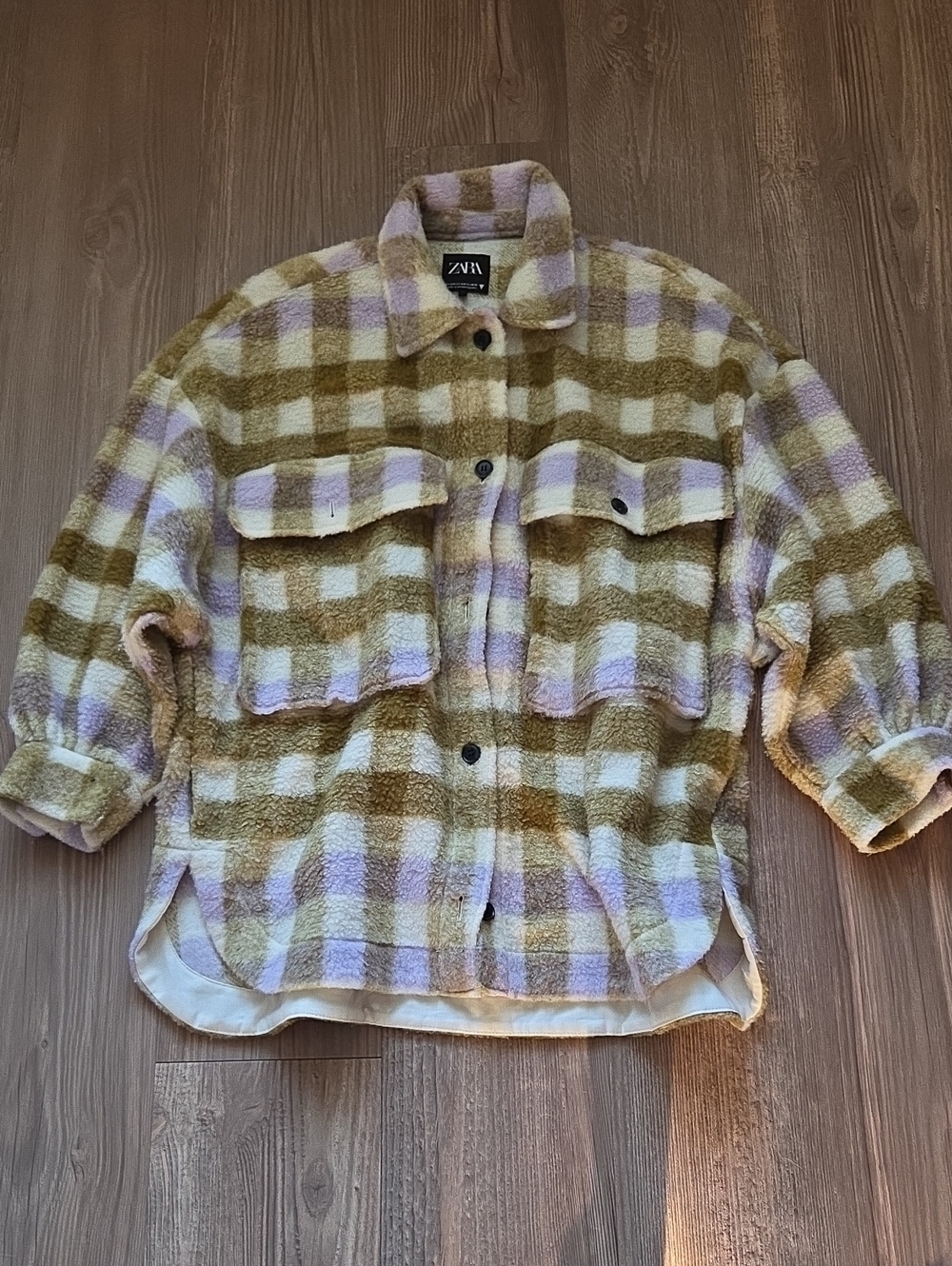 Zara Olive & Lilac Plaid Sherpa Shacket